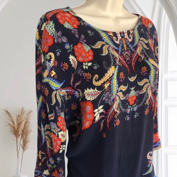 DESIGUAL Bohemian Floral Paisley 3D print Small Top Blouse 3/4 sleeve Black - Picture 12 of 13